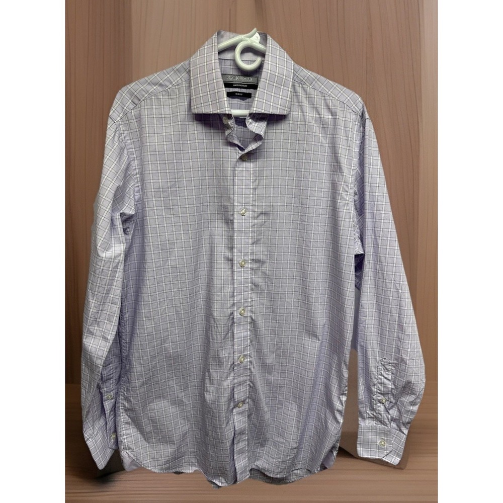 Report Collection Mens Slim Fit Plaid Dress Shirt Lavender White Size L 16 34 35